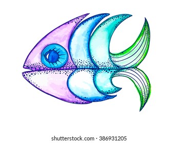 Vector Watercolor Hand Drawn Funky fish,