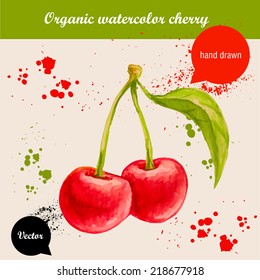 Vector watercolor hand drawn group of cherries with watercolor drops. Organic food illustration.