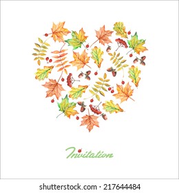 vector watercolor hand drawn heart from autumn leaves. It can be used for invitation, card, postcard, poster, cover, banner