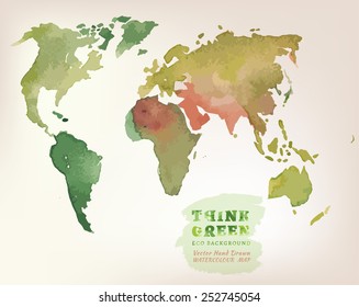 Vector watercolor hand drawn Illustration of environmentally friendly World map. Think Green. Ecology Concept.