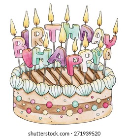 Vector Watercolor Hand Drawn Illustration Happy Birthday Cake.