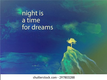 Vector watercolor hand drawn illustration of seascape with alone tree standing on the rock across the sea under stars in night sky with text place. Good for postcard memory design, book illustration.