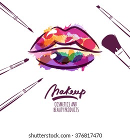 Vector watercolor hand drawn illustration of colorful womens lips and makeup brushes. Watercolor background. Concept for beauty salon, cosmetics label, cosmetology procedures, visage and makeup.