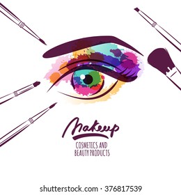 Vector watercolor hand drawn illustration of colorful womens eye and makeup brushes. Watercolor background. Concept for beauty salon, cosmetics label, cosmetology procedures, visage and makeup.