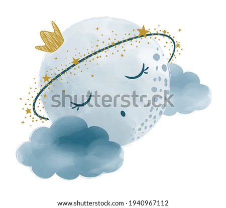 Vector watercolor hand drawn illustration of a cute moon, sleeping on the clouds.