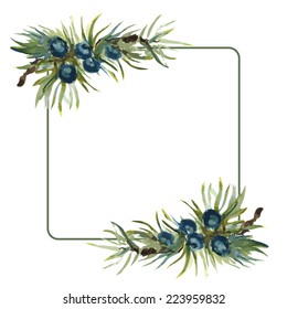 Vector watercolor hand drawn juniper frame, isolated.
