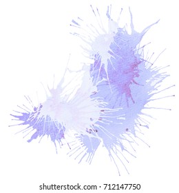 Vector watercolor hand drawn light violet and purple grunge stains with splashes on the white square background