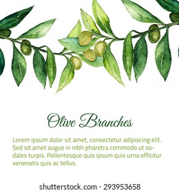 Vector watercolor hand drawn olive branch background with green leaves.