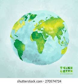 Vector watercolor hand drawn painted Illustration of environmentally friendly World map. Think Green. Ecology Concept. Globe watercolour vector image.