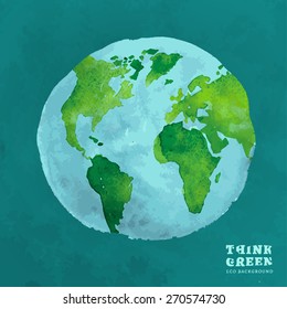 Vector watercolor hand drawn painted Illustration of environmentally friendly World map. Think Green. Ecology Concept. Globe watercolour vector image.