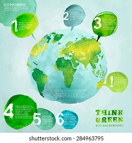 Vector watercolor hand drawn painted Illustration of environmentally friendly World map. Think Green. Ecology Concept with globe image. Info graphic elements for poster, brochure and leaflet design.