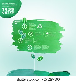 Vector watercolor hand drawn painted Illustration of environmentally friendly infographics. Think Green. Ecology Concept with paint splashes. Ideal elements for poster, brochure and leaflet design.