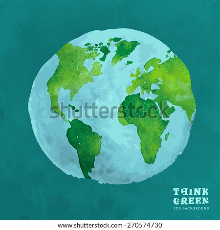 Vector watercolor hand drawn painted Illustration of environmentally friendly World map. Think Green. Ecology Concept. Globe watercolour vector image.
