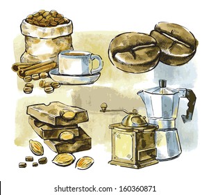 vector watercolor hand drawn picture of coffee theme