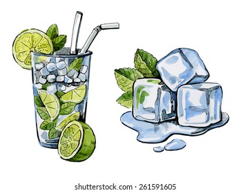 vector watercolor hand drawn picture of cocktail and ice