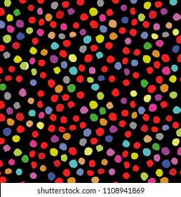 Vector watercolor hand drawn polka dot on black background. Can be used as fabric pattern, card backdrop.