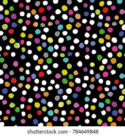 Vector watercolor hand drawn polka dot on black background. Can be used as fabric pattern, card backdrop.