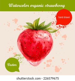 Vector watercolor hand drawn red strawberry with watercolor drops. Organic food illustration.