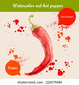 Vector watercolor hand drawn red hot chilli pepper with watercolor drops. Organic food illustration.