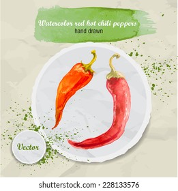 Vector watercolor hand drawn red hot chilli peppers on round paper piece with watercolor drops. Organic food illustration.
