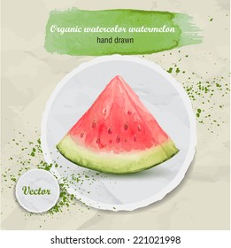 Vector watercolor hand drawn slice of watermelon on round paper piece with watercolor drops. Organic food illustration.