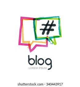 Vector watercolor hand drawn trendy blog icon. Abstract isolated logo. Colorful square speech bubbles with hashtag symbol. Design concept for blog, chat, social media network, forum, communication.