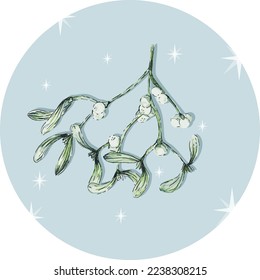 Vector Watercolor hand paiting of Mistletoe on Pastel Blue background. Christmas themed graphic perfect for illutsrations, stickers and other designs.