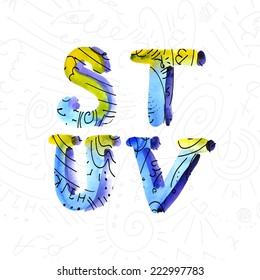 Vector watercolor hand-draw colorful alphabet with doodle. Eps10