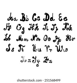 Vector watercolor hand-drawn curly grunge dark alphabet. 