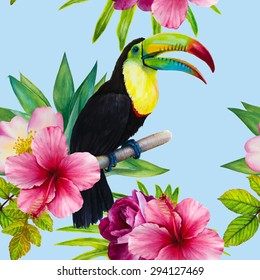 Vector watercolor hand-drawn illustration. Seamless pattern with sitting on a branch rainbow toucan and topical plants. Beautiful flowers and bird. Roses, hibiscus, palm tree