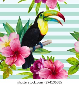 Vector watercolor hand-drawn illustration. Seamless pattern with sitting on a branch rainbow toucan and topical plants on a striped background. Beautiful flowers and bird. Roses, hibiscus, palm tree