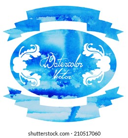 vector watercolor handmade oval frame with patterns for text in blue