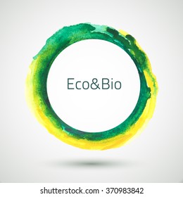 Vector watercolor handmade ring. Vector mark. Colorful blot. Light, yellow and green spot. Watercolor frame.  Hand drawn. Organic food.