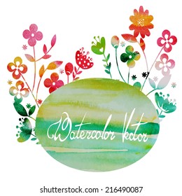 vector watercolor handmade vintage frame with flowers in green