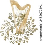 Vector watercolor, harp, golden olive branch. Baptism, greeting cards, invitation and wedding card, save the date, celebration, anniversary, birthday, party, event, holiday and print