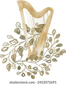 Vector watercolor, harp, golden olive branch. Baptism, greeting cards, invitation and wedding card, save the date, celebration, anniversary, birthday, party, event, holiday and print