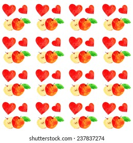 vector watercolor heart and apple pattern on white background