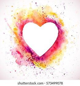 Vector watercolor heart background. Valentine's day, Colorful abstract texture frame. Vintage red heart.