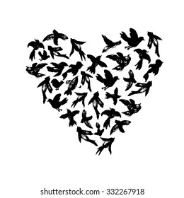 Vector watercolor heart from birds silhouettes. Flying ink birds in a love heart shape. Ornament from crows, doves, swallows, sparrows, parrots. Wedding background.