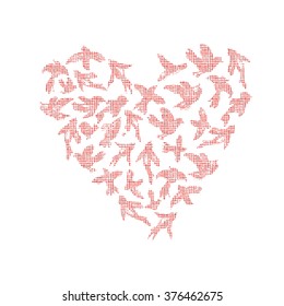 Vector watercolor heart from birds silhouettes. Flying ink birds in a love heart shape. Ornament from crows, doves, swallows, sparrows, parrots. Wedding background.