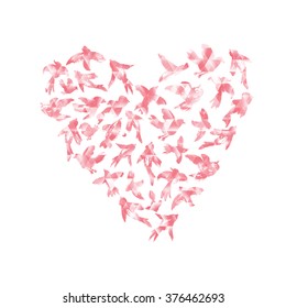Vector watercolor heart from birds silhouettes. Flying ink birds in a love heart shape. Ornament from crows, doves, swallows, sparrows, parrots. Wedding background.