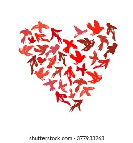 Vector watercolor heart from birds silhouettes. Flying pink birds in a love heart shape. Ornament from crows, doves, swallows, sparrows, parrots. Wedding background.
