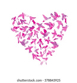 Vector watercolor heart from birds silhouettes. Flying ink birds in a love heart shape. Ornament from crows, doves, swallows, sparrows, parrots. Wedding background.