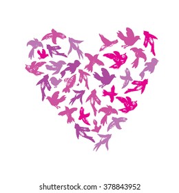 Vector watercolor heart from birds silhouettes. Flying ink birds in a love heart shape. Ornament from crows, doves, swallows, sparrows, parrots. Wedding background.