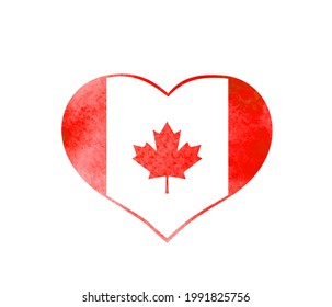 Vector watercolor heart with Canadian flag for Canada day. Maple leaf on red  stain with artistic splash, paint blots