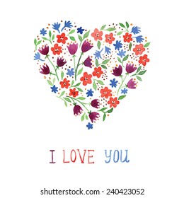 Vector watercolor heart with flowers. Valentine's Day card. 
