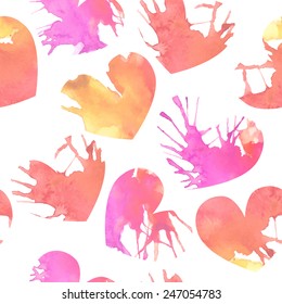 Vector watercolor heart seamless pattern with splash paint effect for romantic background in tender colors on white