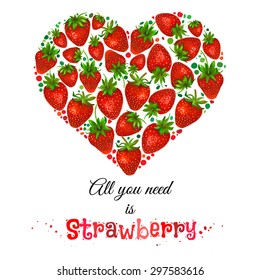 Vector watercolor heart with strewberries isolated on white background. Element for your design.