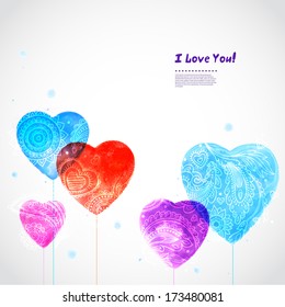 Vector watercolor hearts with a floral ornament 