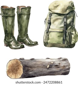 Vector Watercolor hiking clipart, boots, backpack, log, illustrations for camping trip, invitation, greeting cards, birthday, event, holiday, wedding card, printable.